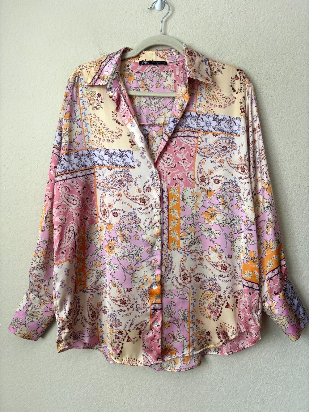 Zara Boho Patchwork Floral Button Up Satin Long Sleeve Collared Blouse Shirt